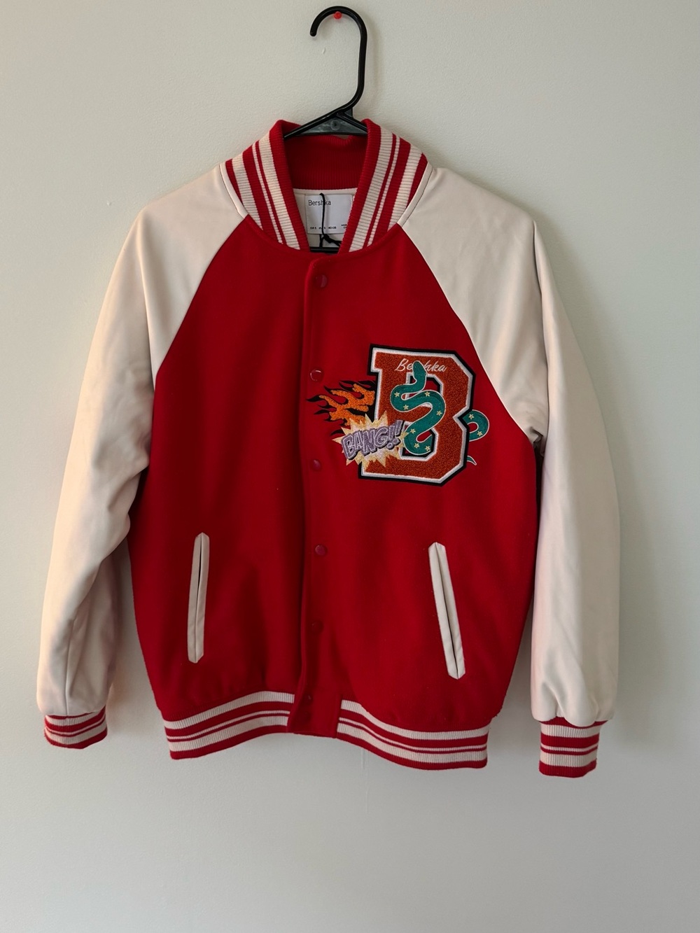 Bershka Red and White Varsity Bomber Jacket